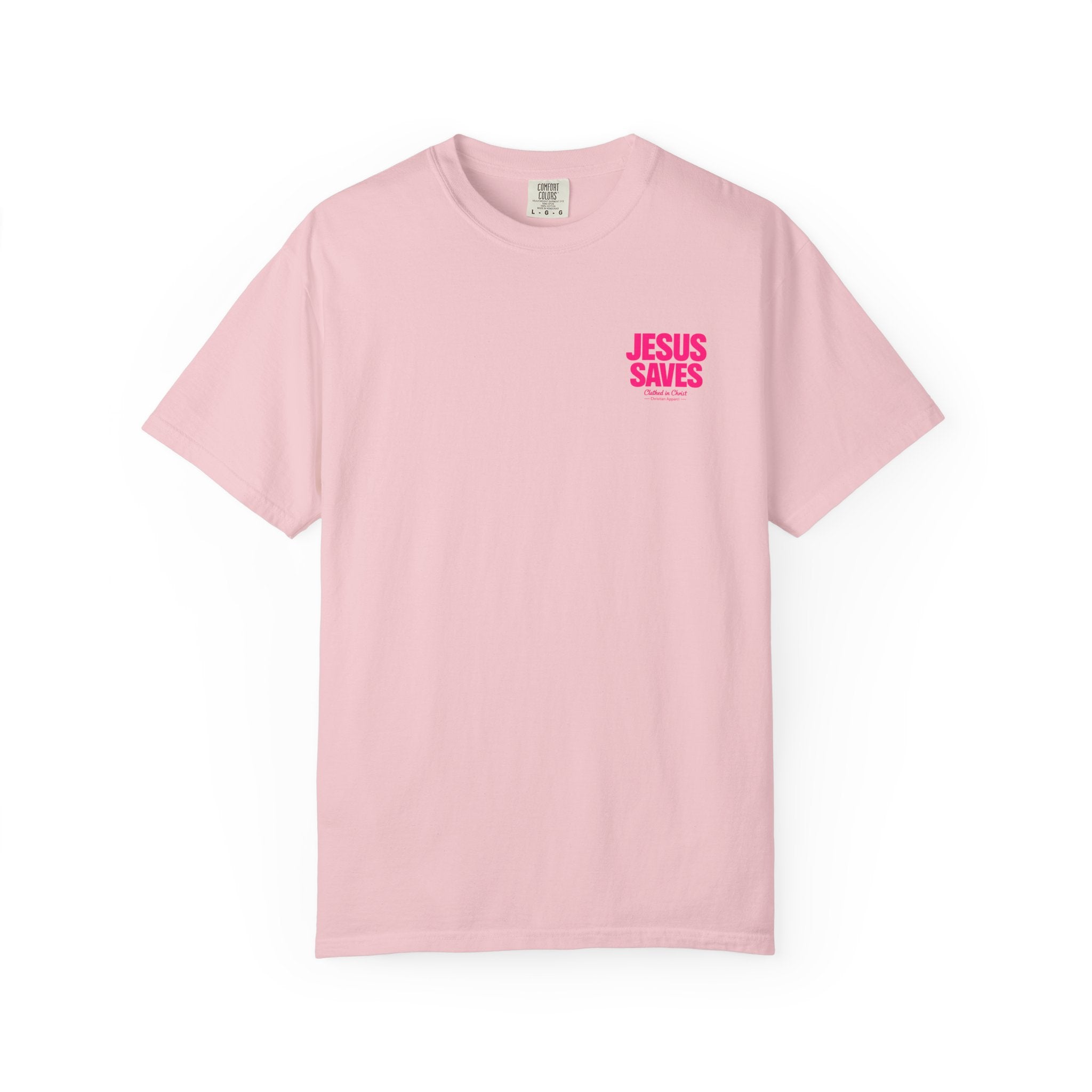 Jesus Saves T‑Shirt — Bold Pink Faith Graphic Tee Printify