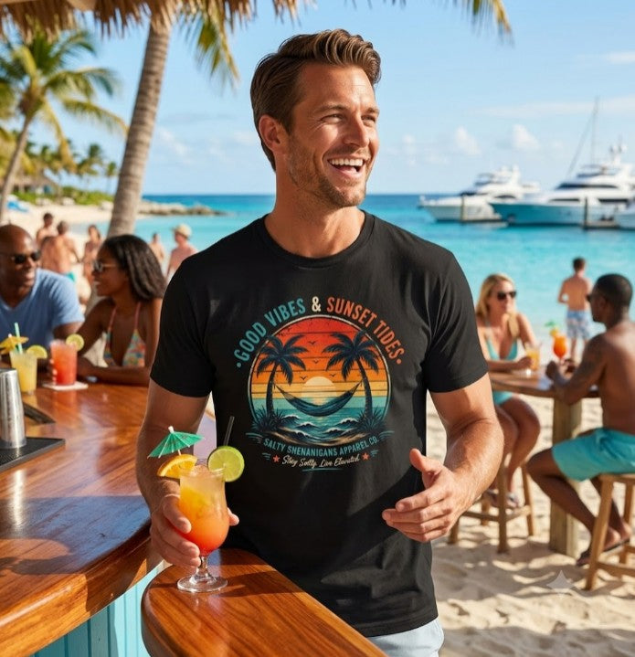 Good Vibes & Sunset Tides – Vintage Coastal Graphic T-Shirt Printify