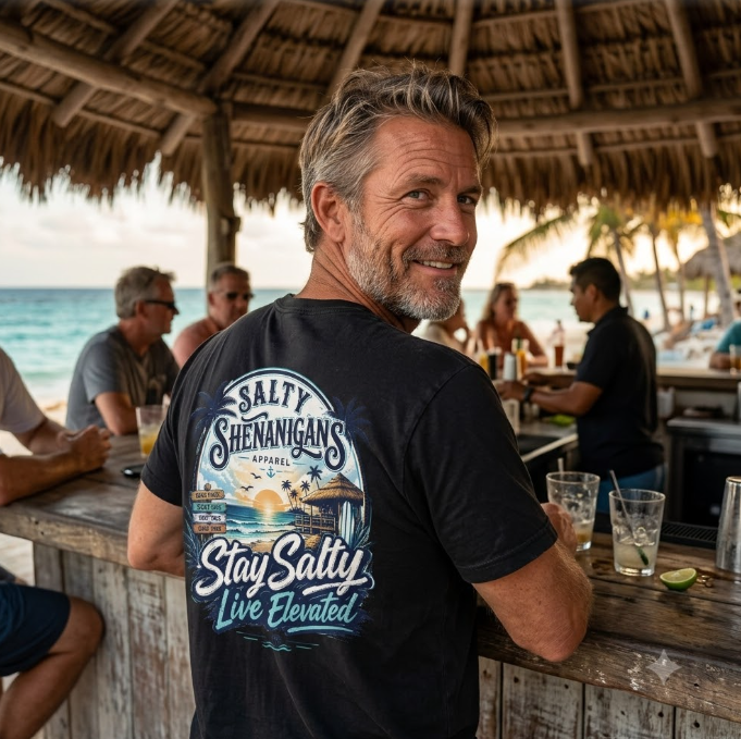 Stay Salty, Live Elevated Coastal Beach Bar Tee Printify