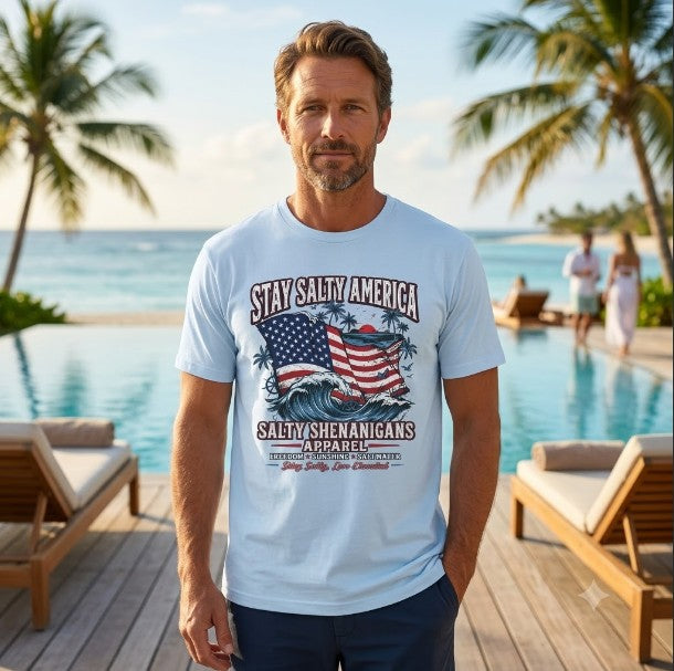 Stay Salty America Premium Beach Tee | Patriotic Coastal Graphic Shirt Printify