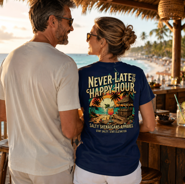Never Late To Happy Hour Coastal Graphic Tee Printify