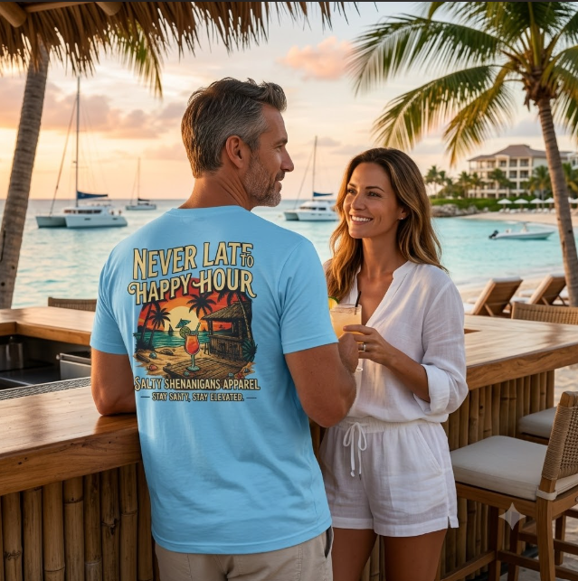 Never Late To Happy Hour Coastal Graphic Tee Printify
