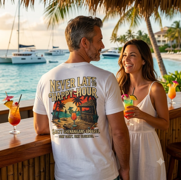 Never Late To Happy Hour Coastal Graphic Tee Printify