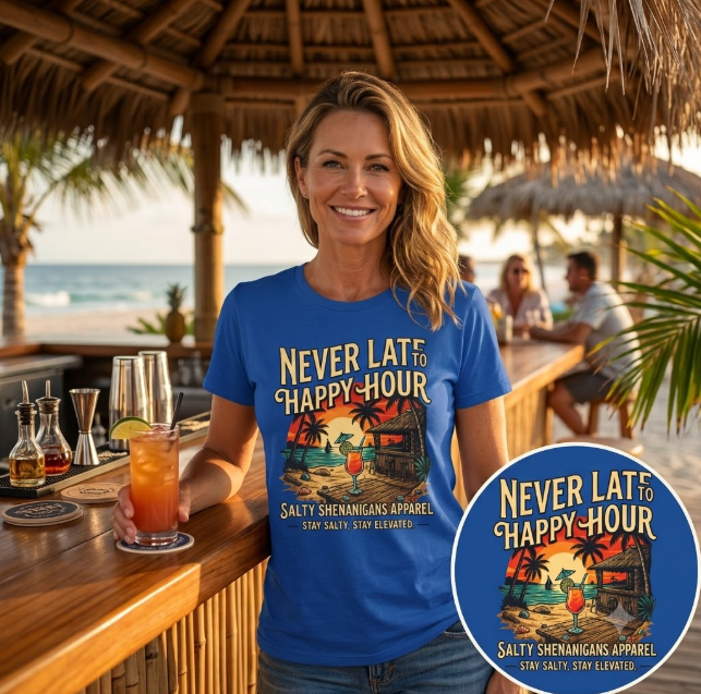 🌴 JULY SPECIAL | Never Late to Happy Hour Front Graphic | Starting at $21.99 Printify