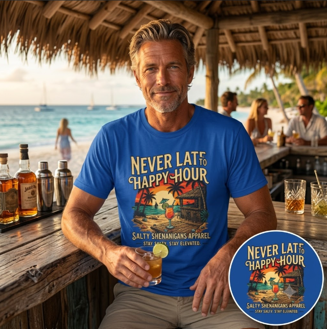 🌴 JULY SPECIAL | Never Late to Happy Hour Front Graphic | Starting at $21.99 Printify