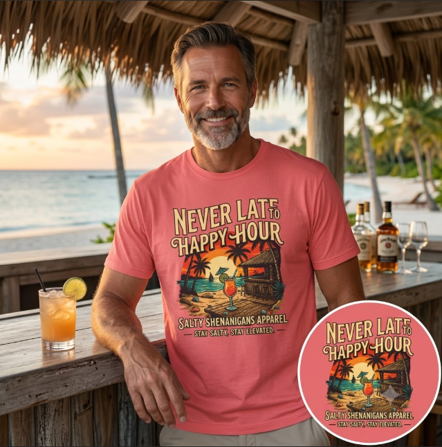 🌴 JULY SPECIAL | Never Late to Happy Hour Front Graphic | Starting at $21.99 Printify