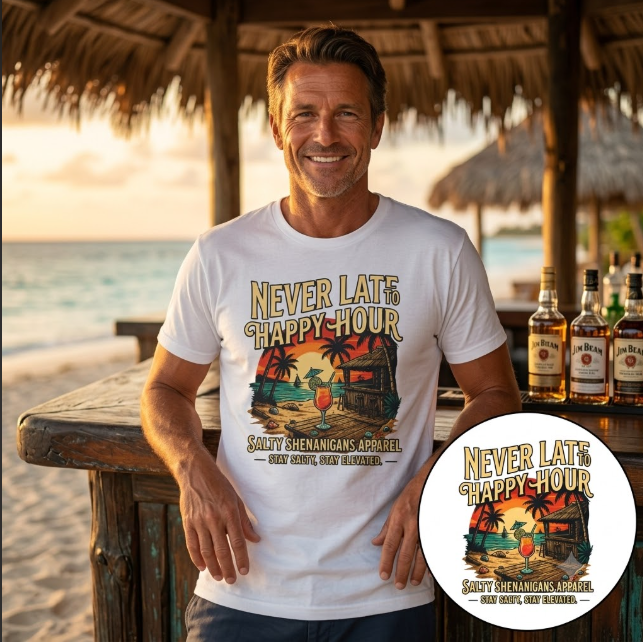 🌴 JULY SPECIAL | Never Late to Happy Hour Front Graphic | Starting at $21.99 Printify