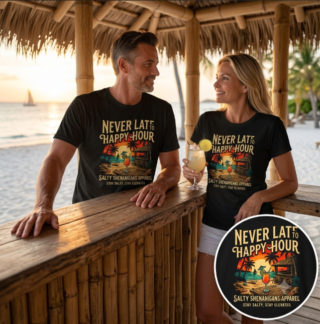 🌴 JULY SPECIAL | Never Late to Happy Hour Front Graphic | Starting at $21.99 Printify