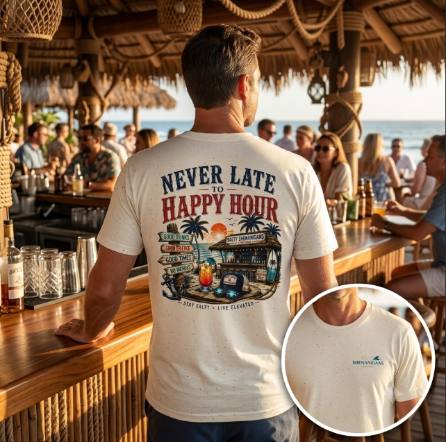 Happy Hour Never Waits Premium Coastal Beach Tee Printify
