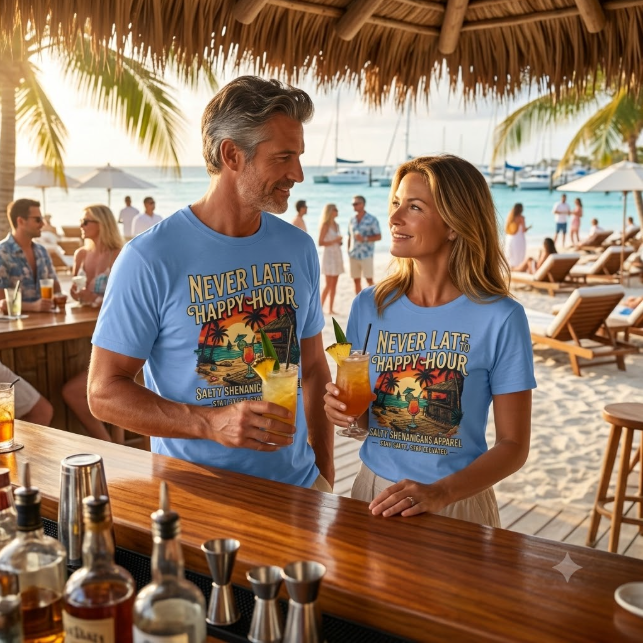 🌴 JULY SPECIAL | Never Late to Happy Hour Front Graphic | Starting at $21.99 Printify