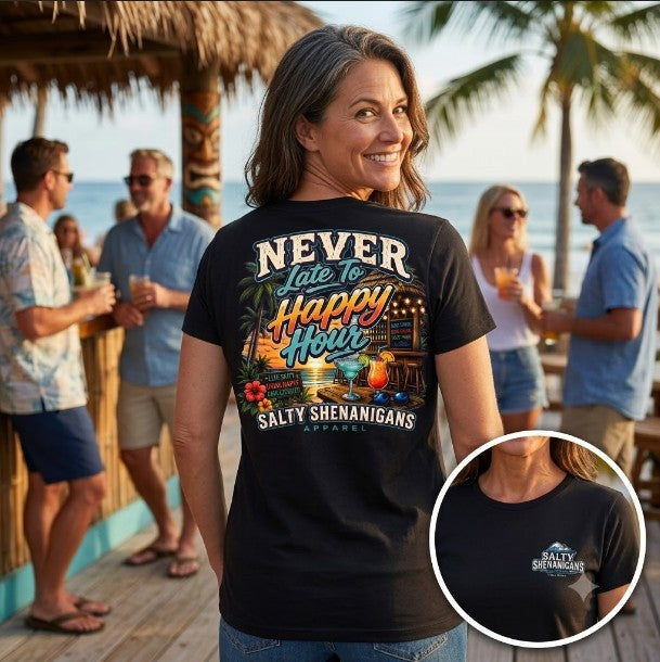 Never Late to Happy Hour Coastal Sunset Tee Printify