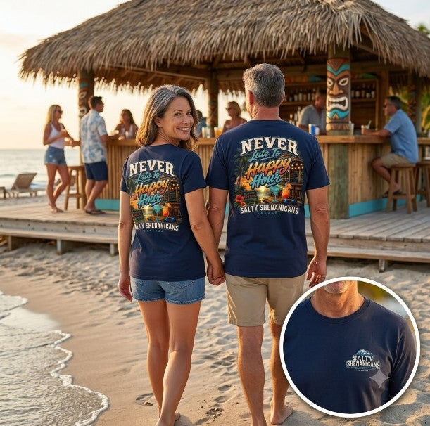 Never Late to Happy Hour Coastal Sunset Tee Printify