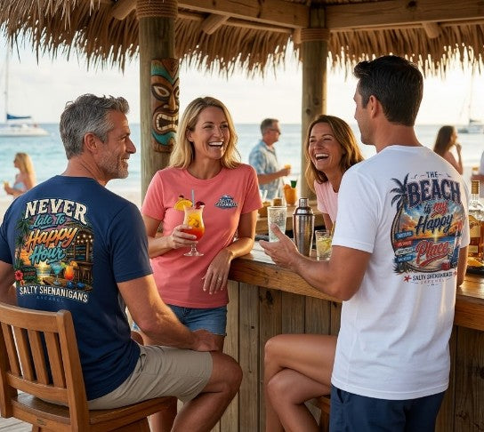 Never Late to Happy Hour Coastal Sunset Tee Printify