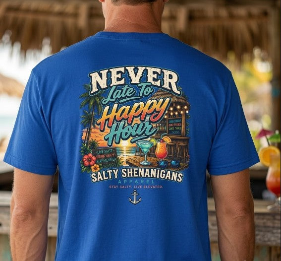 Never Late to Happy Hour Coastal Sunset Tee Printify