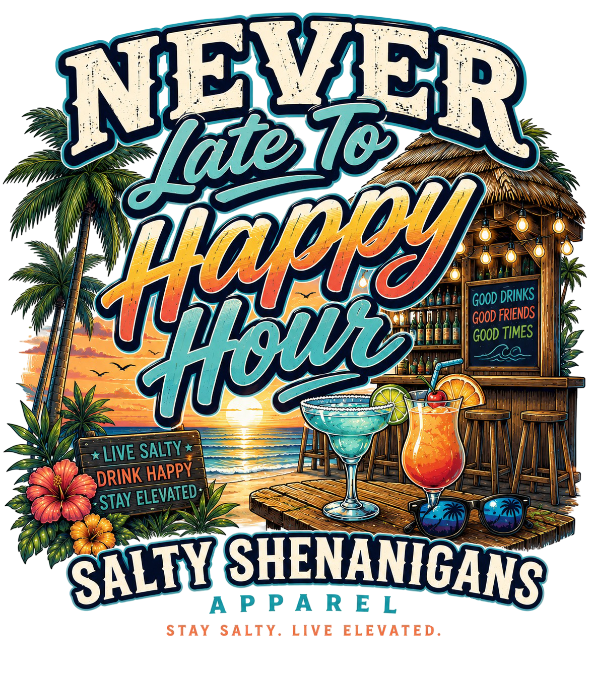 Never Late to Happy Hour Coastal Sunset Tee Printify